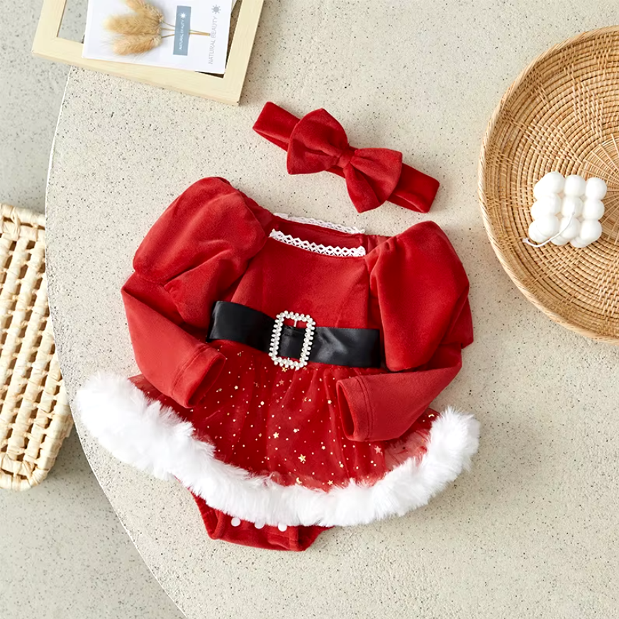 Christmas Santa Belted Romper & Headband Set