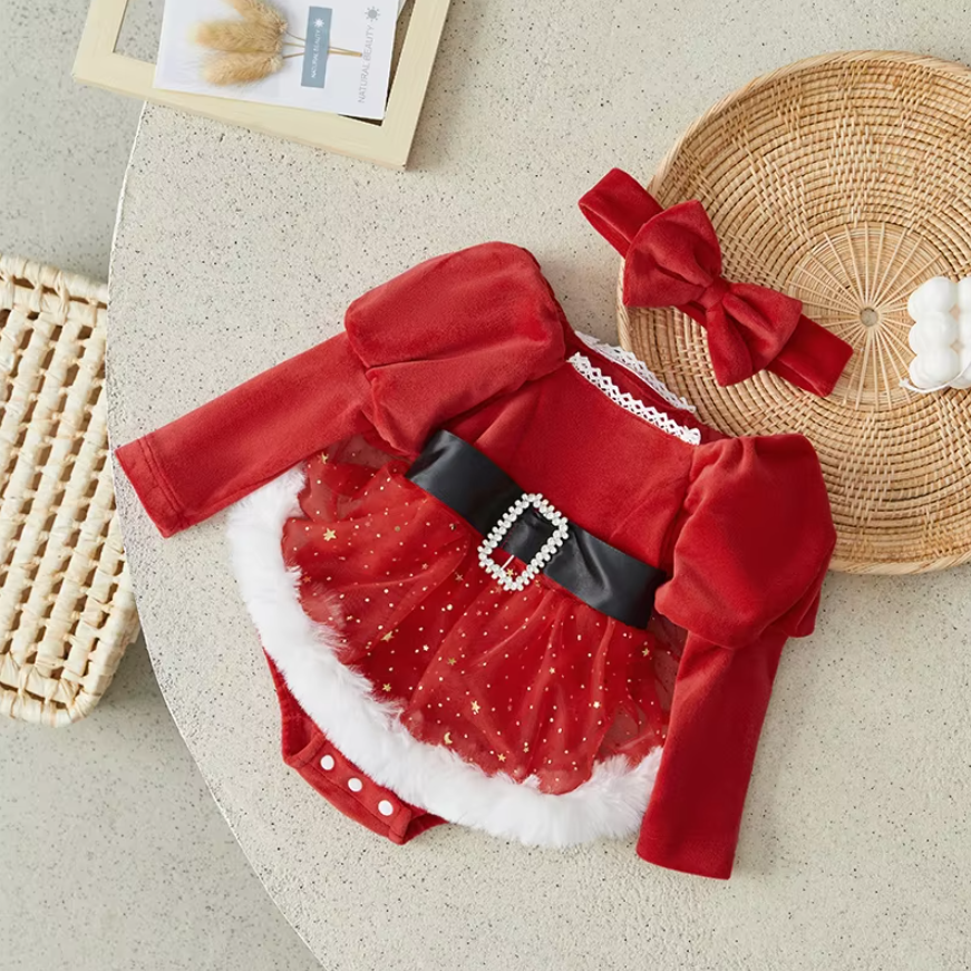 Christmas Santa Belted Romper & Headband Set