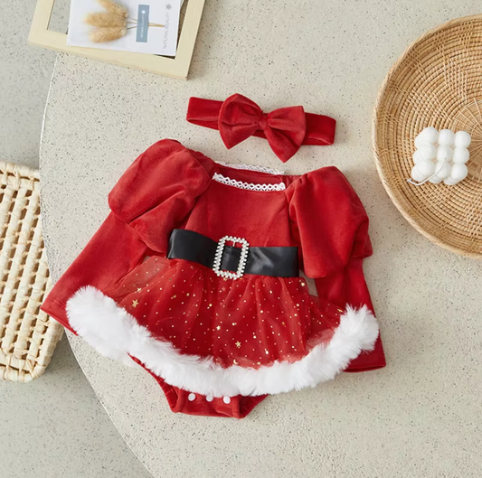 Christmas Santa Belted Romper & Headband Set