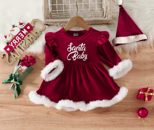 Christmas Santa Baby Fur Trimmed Dress & Hat Set