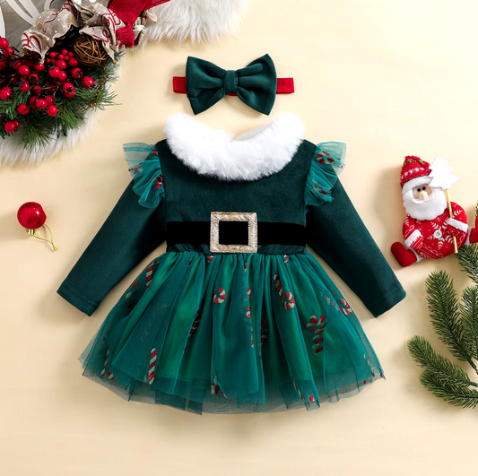 Green Fur Trimmed Candy cane Dress & Headband Set