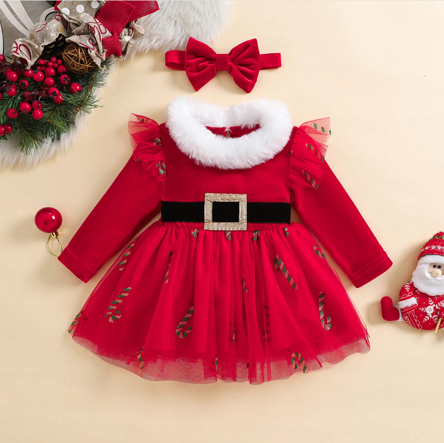 Red Fur Trimmed Candy cane Dress & Headband Set