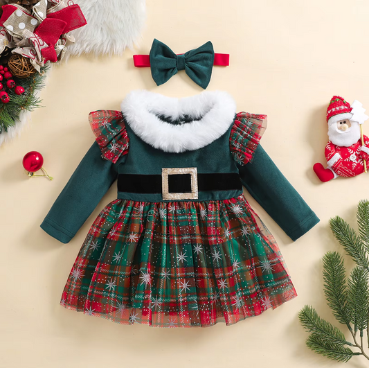 Green Fur Trimmed Tartan Dress & Headband Set