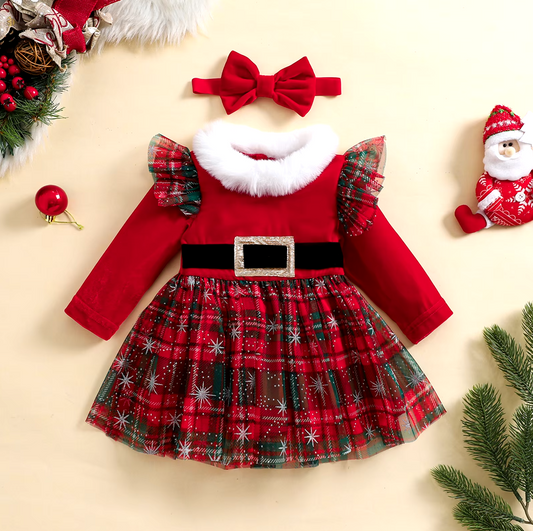 Red Fur Trimmed Tartan Dress & Headband Set